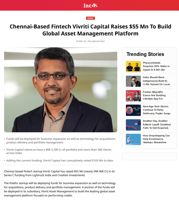 Chennai-Based Fintech Vivriti Capital Raises $55 Mn To Build Global Asset Management Platform