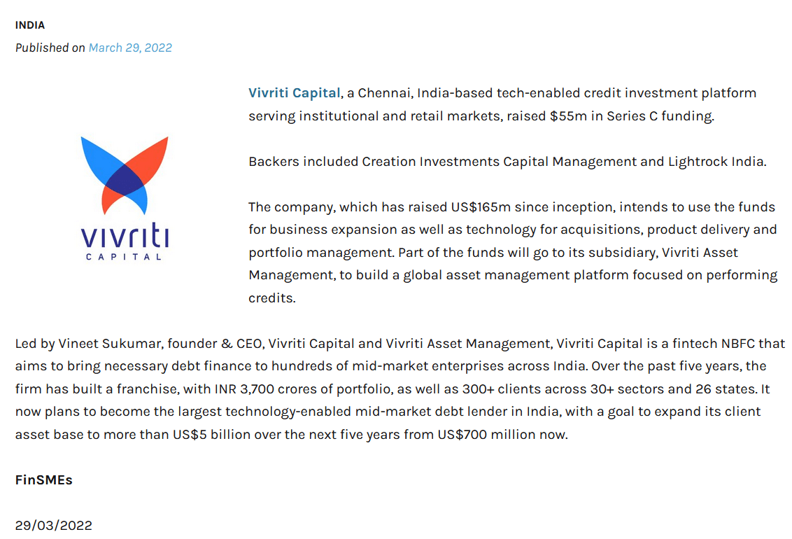 Vivriti Capital Raises US$55M in Series C Financing